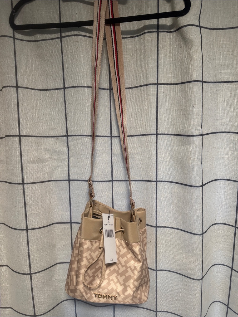 Tommy Hilfiger Beige Logo Drawstring Crossbody Bucket Bag